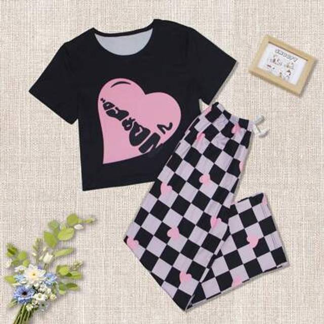 SNOOPY Authorized PEANUTS Snoopy Heart Printed T-Shirt & Plaid Pants Women&#39;s Summer Sleepwear Set