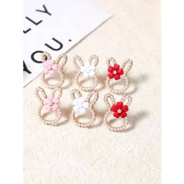 SHEIN 1 Pair Korean Cute Flower Rabbit Ear Studs With Sweet Mini Pearl Design, Fresh & Adorable Earrings For Girls