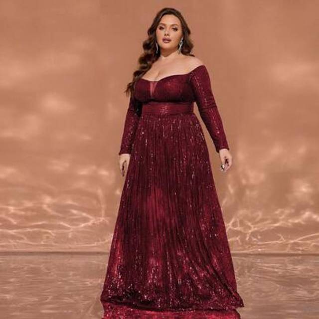SHEIN Deep Red V-Neck Long Sleeve Sequin Flowy Plus Size Gown Maxi Dress,Party Dress,Formal,Evening,Wedding Guest