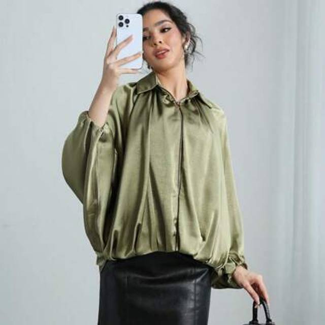SHEIN Women&#39;s Jackets Spring Summer Aviator Puffed Bomber Jackets Pleated Green Jacket Woman Coat