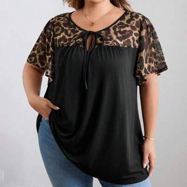 SHEIN Curve Plus Size/AutumnÂClothes /FallÂWomenÂClothes/WinterÂClothesÂForÂWomen/WinterÂClothesPlus Size Women&#39;s Leopard Print Tie Front Ruffle Slee
