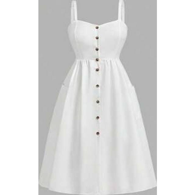 SHEIN Plus Size Simple Solid Color Button Decor Pocketed Strap Sundress, Summer