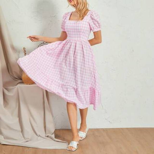 SHEIN Women Summer Casual Midi Dress Plaid Square Neck Short Puff Sleeve A-Line Dress Big Swing Beach Holiday Dress