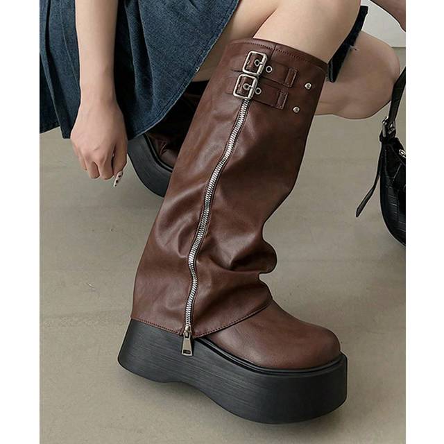 SHEIN Knee High Fold Over Slouchy Shark Boots For Women With Round Toe Chunky Heels Pull On Pleated Platform Shoes,Brown Boots Women,Platform Boots,New Thic