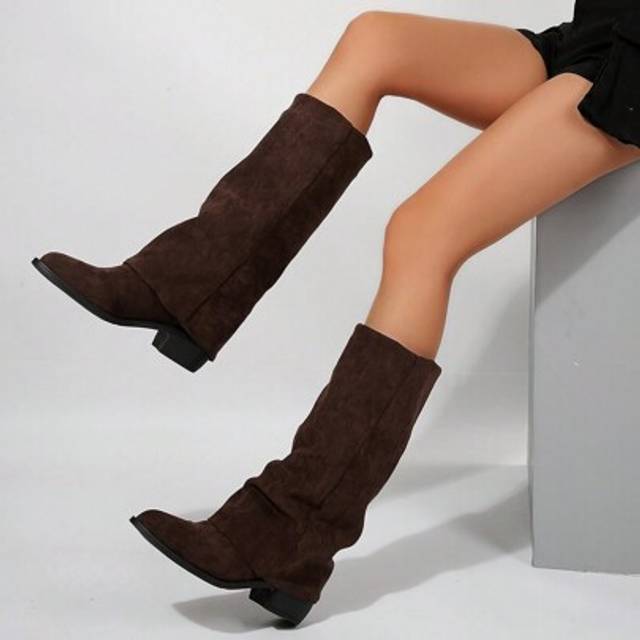 SHEIN Slimming Effect Suede Over-The-Knee Ankle Boots, French Western Style Chunky Heel Pointed Toe For Women
