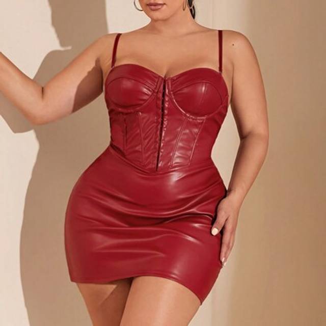 SHEIN Plus Size Women Elegant Big Girl Charm Luxurious Party/Date Halloween Red Boned Bustier Spaghetti Strap Elastic PU Leather Mini Dress, Autumn/Winter,B