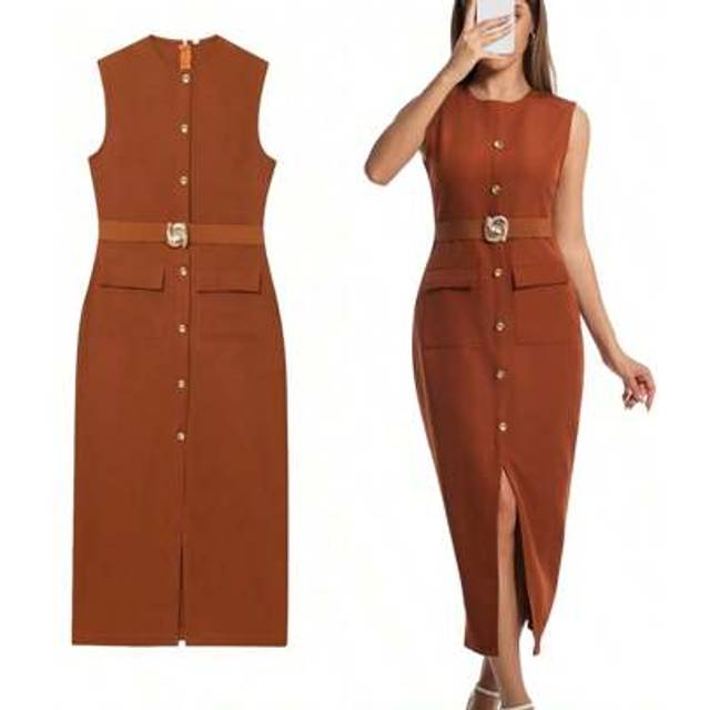 SHEIN Women Dresses Black Office Long Dresses For Women Spring Sleeveless Midi Dress Woman Belt Button Women&#39;s Dress Vest