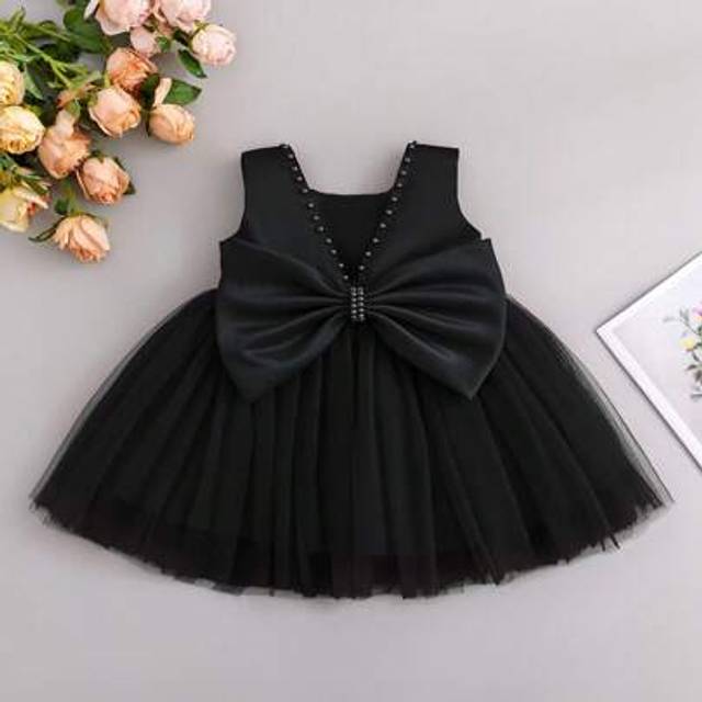 SHEIN Baby Girl Black Party Dress With Big Bow Tulle Skirt, 0-2 Years, Birthday Party Mini Dress