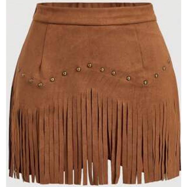 SHEIN Plus Size Women&#39;s Vintage Hippie Rivet Fringe Black Suede A-Line Skirt, Autumn Skirt,Nashville Outfits,Pirate Skirt
