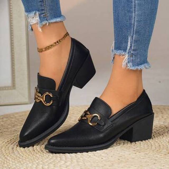 SHEIN New 4 Seasons Mary Jane Loafers, Black Leather Platform Shoes With Ankle Strap, Metal Buckle, Pointed Toe, Slip-On, Embroidery Hollow-Out, Student Sho