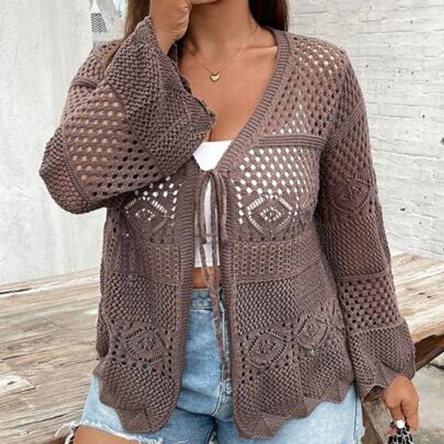 SHEIN Plus Size Women Hollow-Out Open Front Knitted Cardigan Jacket, Lightweight For Autumn