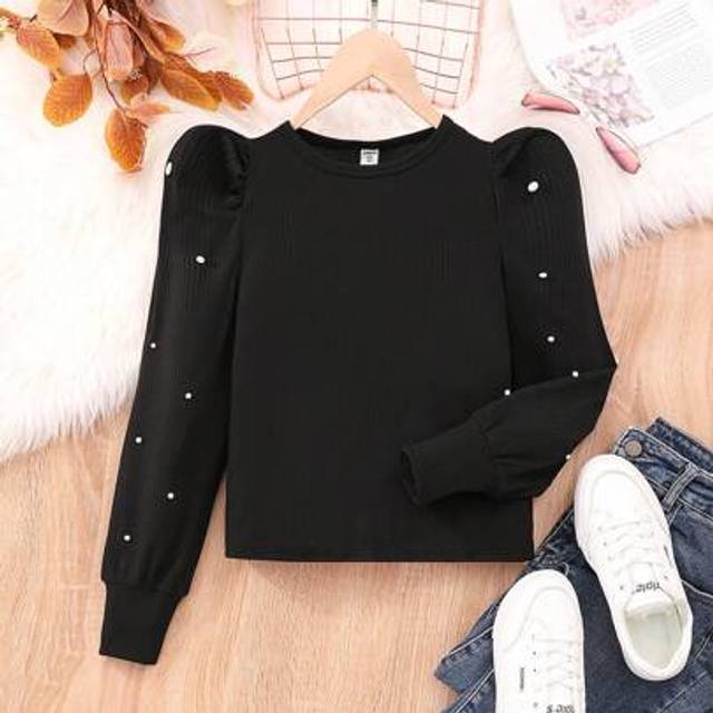 SHEIN Tween Girl Black Handmade Beaded Puff Sleeve Casual T-Shirt