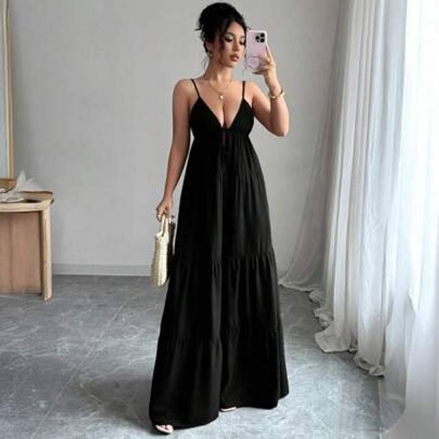 SHEIN LilyHouse Women&#39;s Long Dress Summer Elegant Fashion Beach Holiday V-Neck Strap Large Skirt Dress