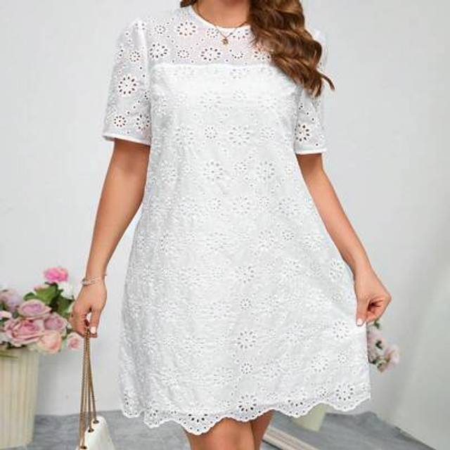 SHEIN Plus Size Women&#39;s White Embroidered Loose A-Line Skirt, Elegant Everyday Wear, Spring And Summer Women&#39;s Dresses Elegant Dresses Romantic Dresses Wome