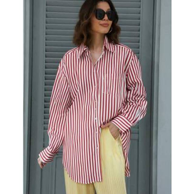 SHEIN DEEKA Women Summer Oversized Long Sleeve Single Breasted Striped Loose Shirt