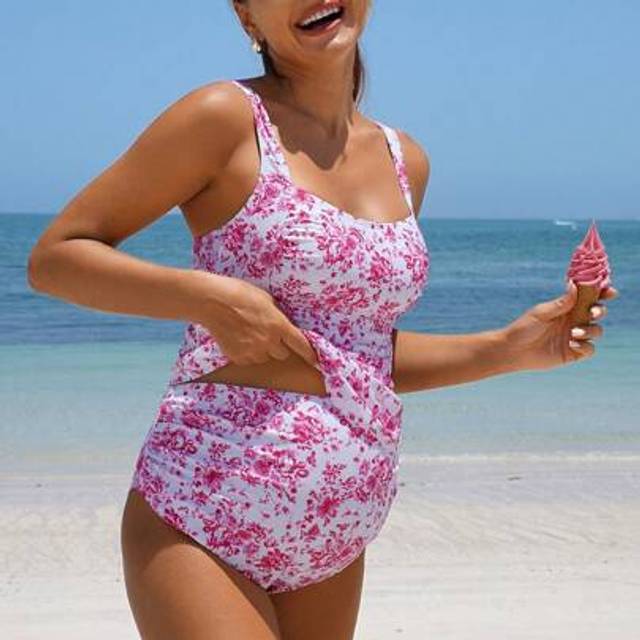 SHEIN Maternity Ditsy Floral Ruched Round Neck Tankini Set - Tank Top & Panty