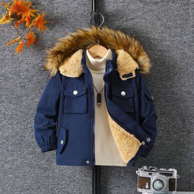 SHEIN Young Boy Fluffy Trim Hooded Zip-Up Thermal Lined Winter Jacket