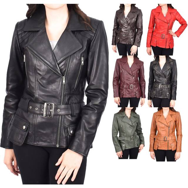 Ladies biker leather jacket italian style fitted belted coat in range of colours
