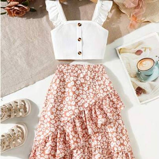 SHEIN 2pcs/Set Girls Summer Casual Outfit, Ribbed Cami & Floral Skirt Set, Regular Fit, Outdoor Wear