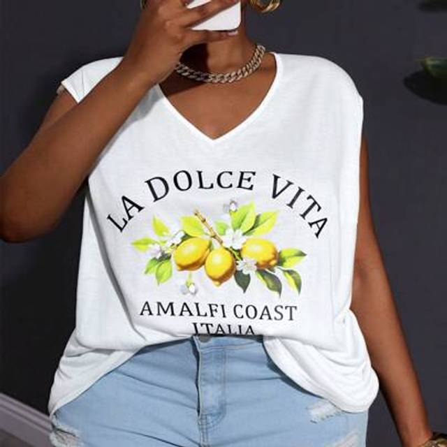 SHEIN Women&#39;s Plus Size Casual Sleeveless V-Neck T-Shirt With Watercolor Lemon & Letter Print, Suitable For Everyday Casual And Holiday Wear, Summer, Curve
