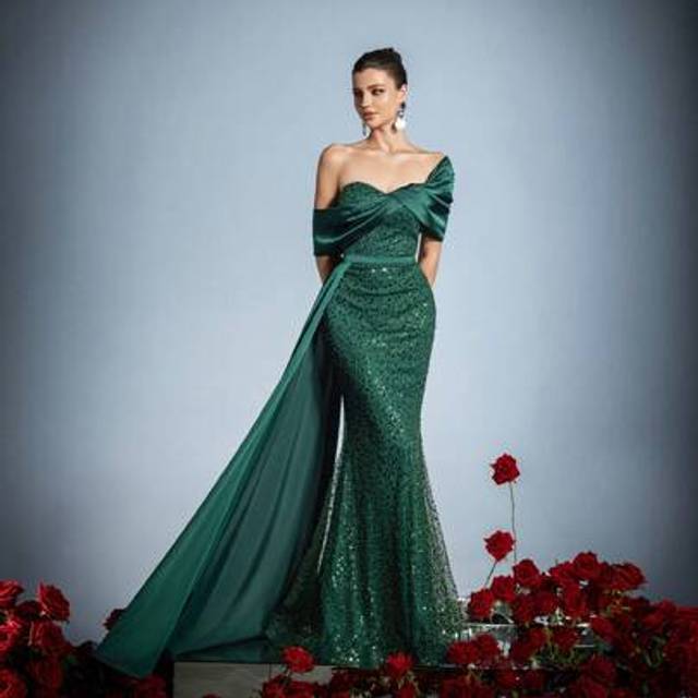 SHEIN Glamorous Sequined Mermaid Formal Dress With Dramatic Draped Shoulders â Floor-Length Train For Formal Galas, Luxury Red Carpet & Banquet Events, Pa