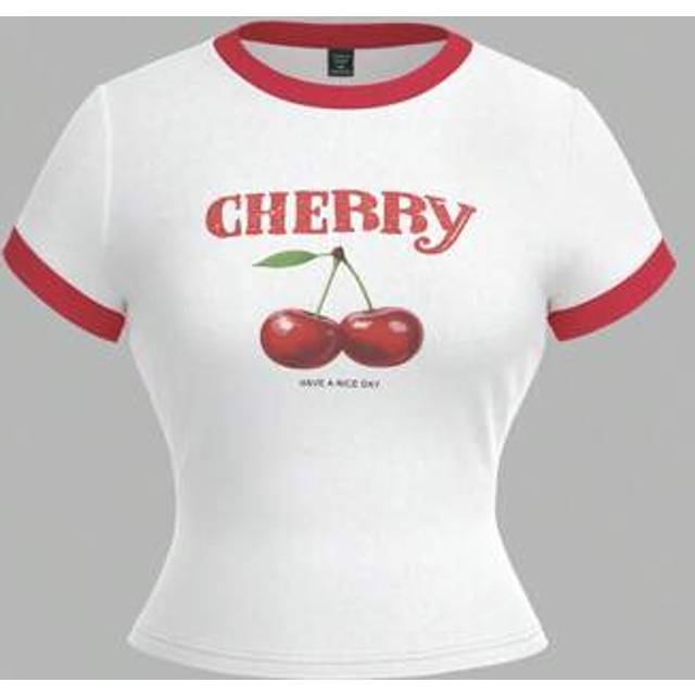 SHEIN Plus Size Women&#39;s Dopamine Red & White Contrast Trim Fruit, Cherry Print Short Sleeve T-Shirt Woman S Summer Clothes Cute Outfits For Women,School Clo