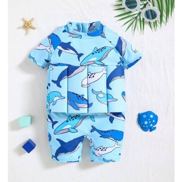 SHEIN Baby Boy Summer Casual Beach Holiday Cute Shark & Dolphin Print Buoyant Swimsuit, Suitable For Beach, Pool, Spa