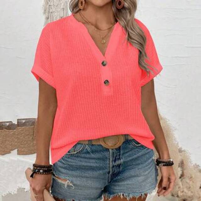 SHEIN 2025 New Arrival Plus Size Women Casual V-Neck Button Shoulder Short Sleeve T-Shirt, Sea Salt Blue-Green