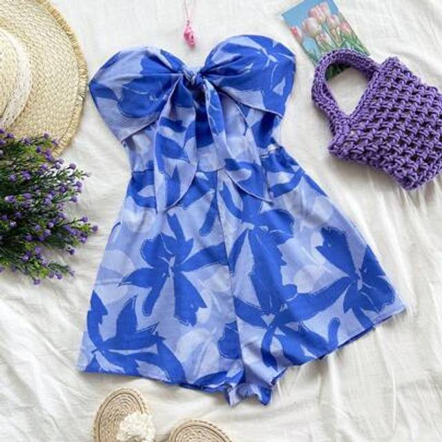 Soleia Women&#39;s Vacation, Cruise, Beach Carnival Summer Romper With Blue Watercolor Silhouette Print, Front Center Twist, Open Back, Flared Leg, Loose Fit, Su