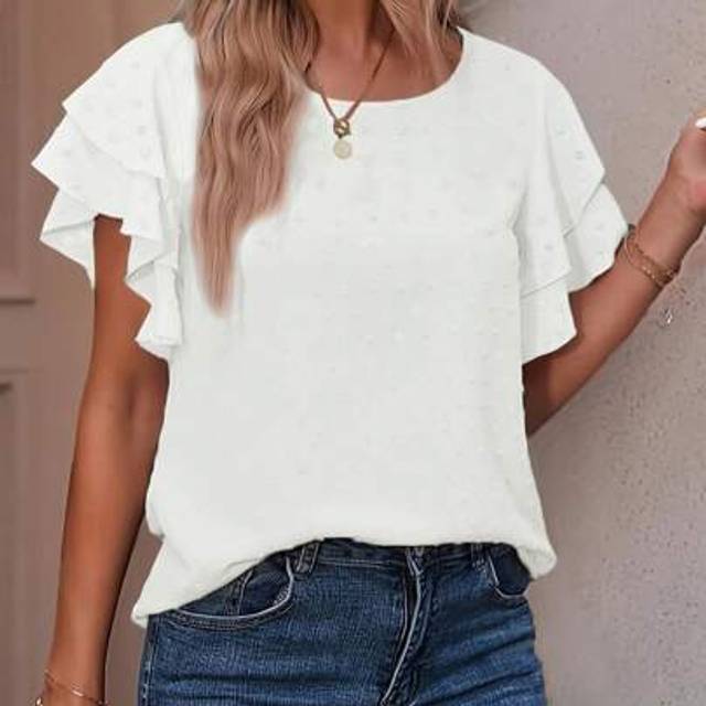 SHEIN Plus Size Women Fashion Ruffled Sleeve Top - Solid Color, Round Neck, Non-Stretch, Spring/Summer Blouse, Dotted 3D Pom-Pom Pattern, Elegant Style, Cas