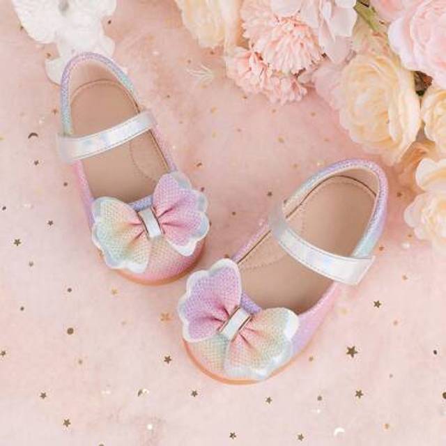 SHEIN Colorful Dress And Cute Rainbow Bow Decor Flat Shoes, Great For Indoor Family Party And Activities, Children