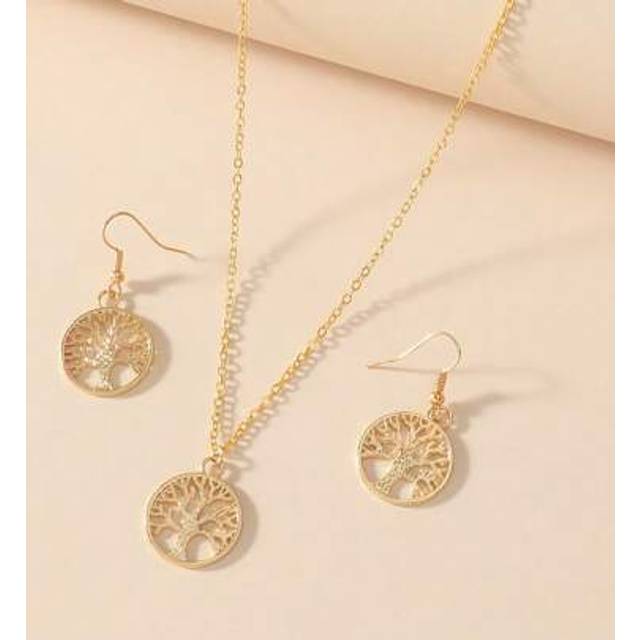 SHEIN 3pcs Set Gold Plated Tree Of Life Pendant Necklace And Earrings Jewelry Set, Fashionable Everyday Wear For Women