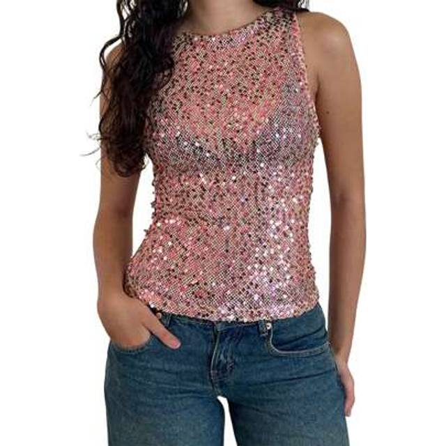 SHEIN Women&#39;s Sparkle Sequin Tank Tops Slim Fit Sheer See Through Stylish Solid Casual Sleeveless Vest Summer Shiny Sequin Going Out Tops Party Club Streetw