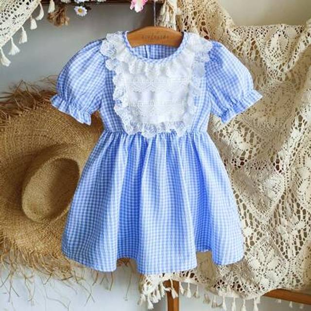 SHEIN Summer Pastoral Holiday Style Baby Girls Lace Patchwork Ruffle Plaid Dress, Cute Fresh Daily Wear & Party Outfit
