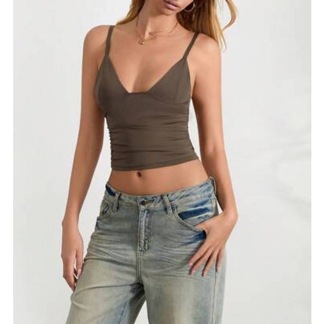 SHEIN Women&#39;s Ruched Crop Cami Tops Sleeveless Spaghetti Strap Low Cut Camisole Summer Tank Tops