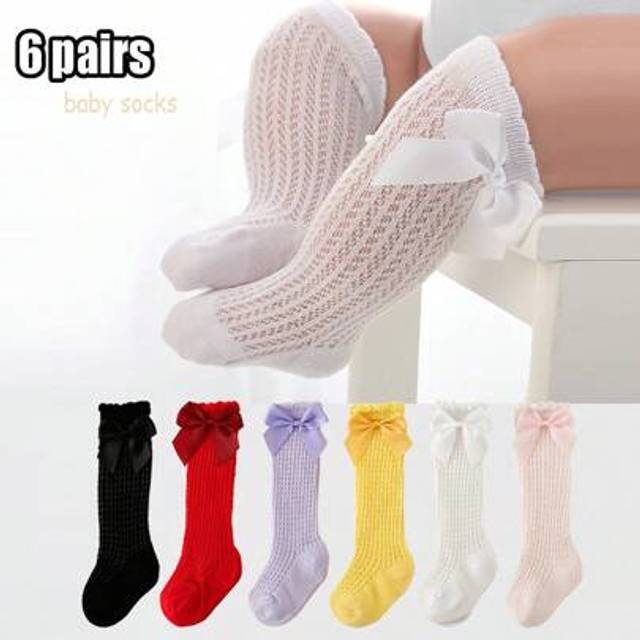 SHEIN 6Pairs Baby Girl Socks Toddler Bow Cotton Summer Mesh Lace Baby Knee Socks Newborn Infant Baby Princess Long Socks