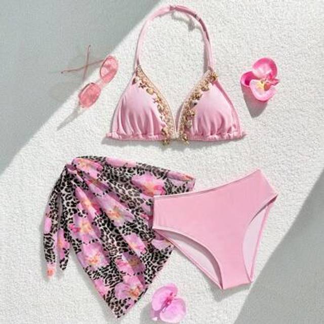 SHEIN 3pcs Teen Girls Light Pink Bikini Swimsuit Set With Leopard Floral Print Cover Up Skirt Summer Holiday