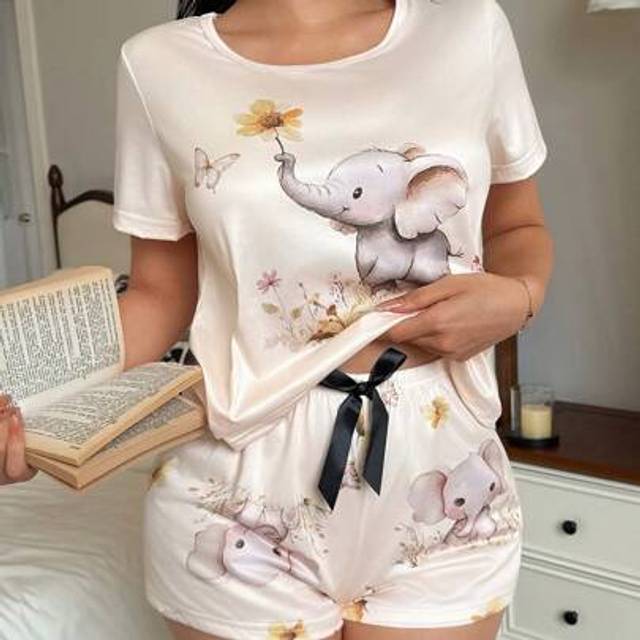 SHEIN 2pcs Cute Elephant Print Short Sleeve Top And Shorts Pajama Set