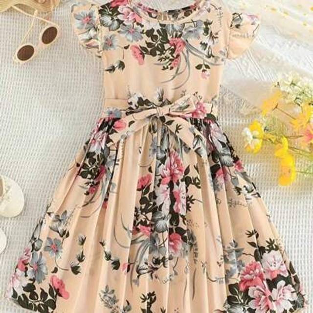 SHEIN Girl Retro Elegant Floral Print For Lotus Sleeve Mid-Long Dress + Belt, Elegant Pleated Princess Dress, As A Gift