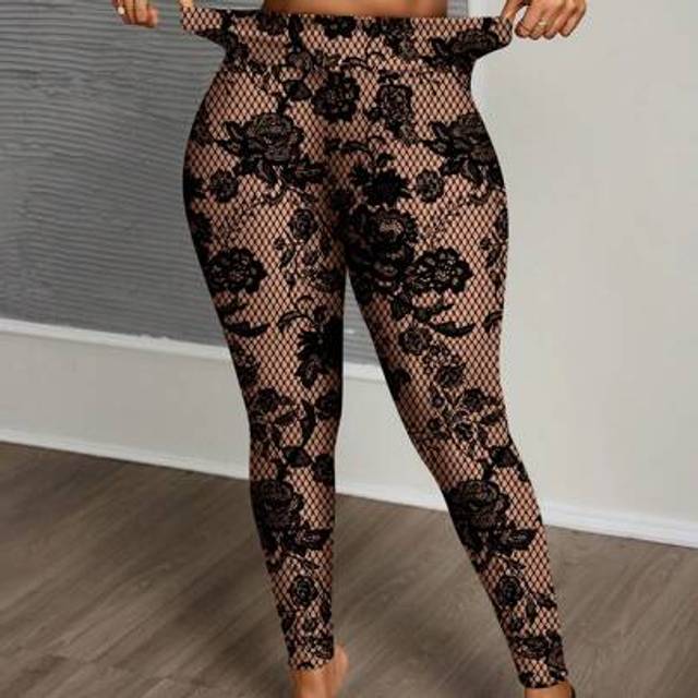 Slaydiva Plus Size Women Casual Minimalist Full Lace Rose Floral Print Leggings