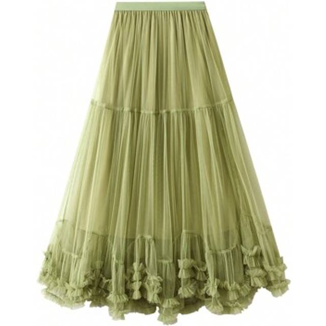 SHEIN Womens Tulle Long Skirts Elastic High Waist Ruffle Hem Tutu Skirts Fluffy A-Line Midi Skirts