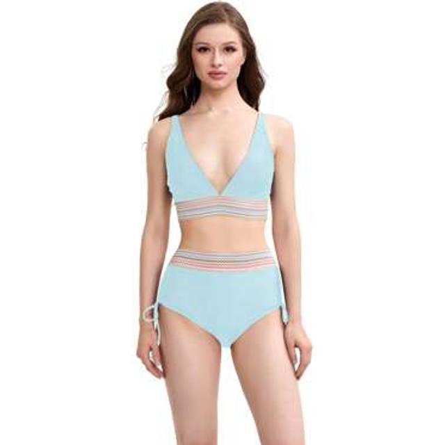 SHEIN Women 2-Piece Swimsuits Patchwork V-Neck Bikini Camisole And Side Drawstring Shorts Sets For Summer Beachwear