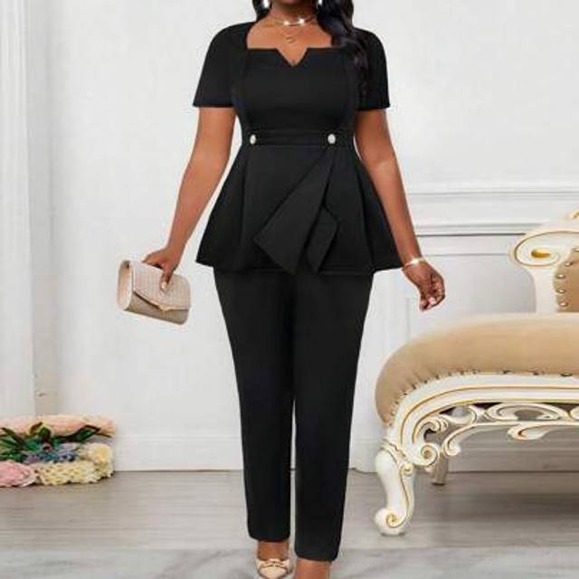 SHEIN 2025 New Clothing Black V-Neck Short-Sleeved Waist Button Asymmetrical Hem Top Suit Pants Plus Size Two Pieces Suit Plus Size Elegant Business Office