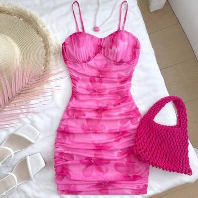 SHEIN Teen Girl Summer Beach Vacation Dusty Pink Mesh Floral Print Ruched Slip Party Mini Dress, Layered Style For Fall, Homecoming Dress, Fall Girl Clothes