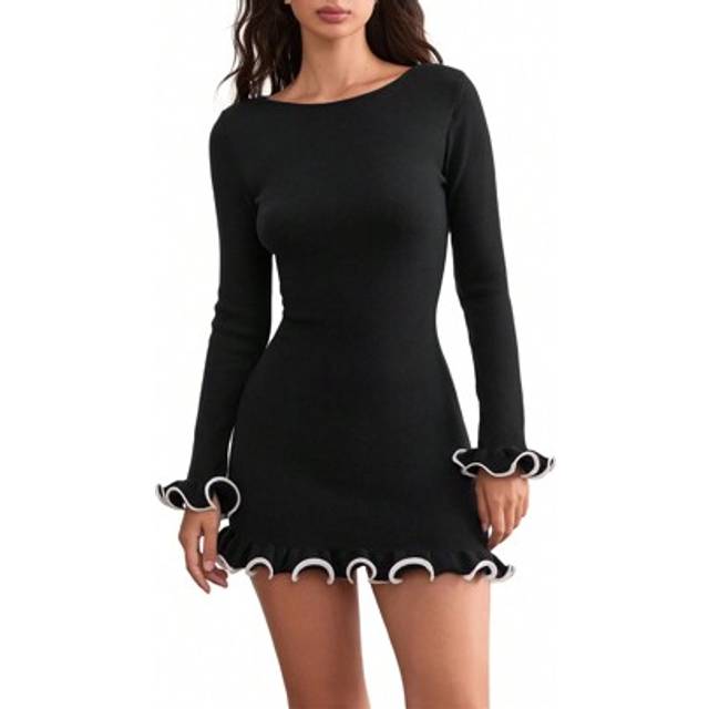 SHEIN Women&#39;s Long Sleeve Knit Mini Dress Y2k Ruffle Hem Slim Fit Bodycon Short Dresses Party Night Out Clubwear