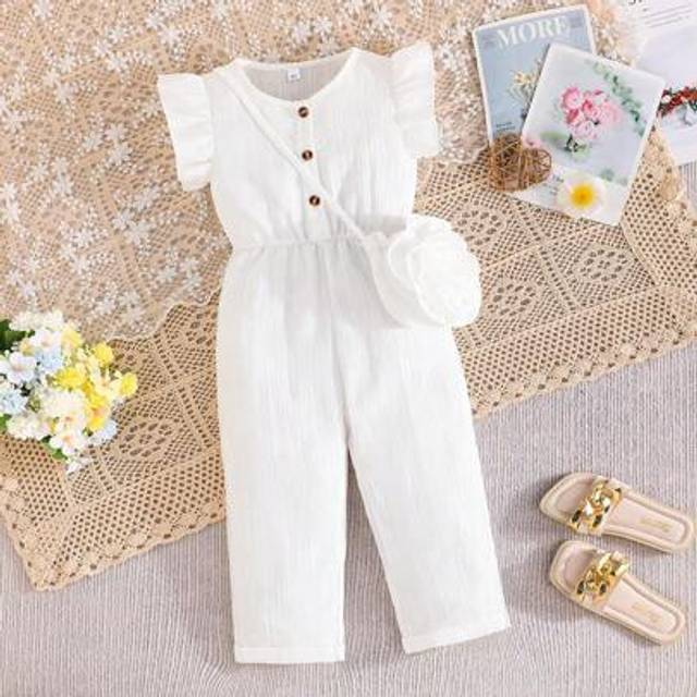 SHEIN Girls&#39; Spring/Summer Cap Sleeves Jumpsuit With Floral Decorated Bag