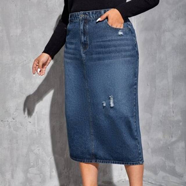 SHEIN Plus High Waist Ripped Slit Back Denim Skirt