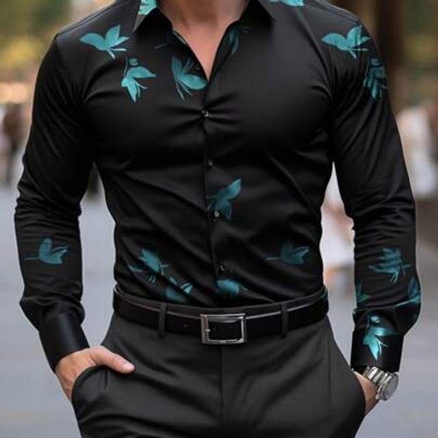 SHEIN Elegant Floral Print Formal Shirt For Men, Black Single-Breasted, Casual Elderly Style, Slim Fit, Best Gift For Parents