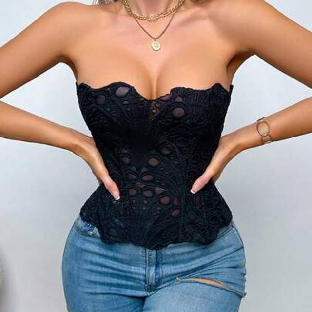 SHEIN 1pc Black Textured Sheer Floral Lace Corset Hollowed Out Bustier Crop Top For Daily Wear/Party/Wedding
