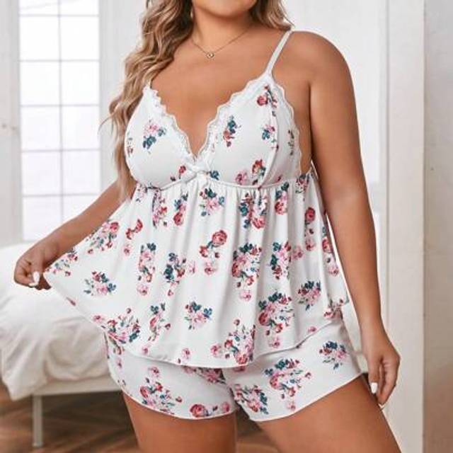 SHEIN Plus Floral Print Lace Trim Cami Top & Shorts PJ Set / Pajama Set White Set
